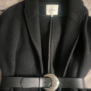 ba&sh Black Wool Coat with Decorative Metal Buckle Belt